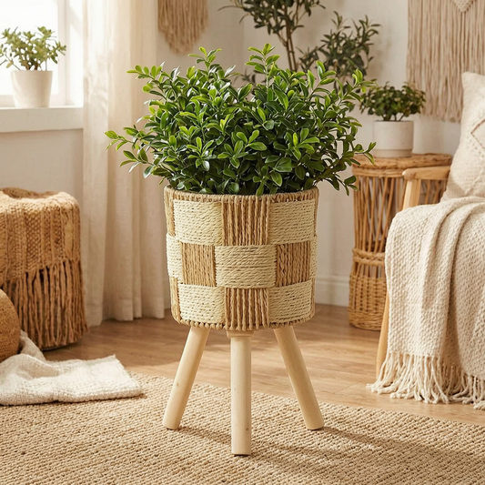 Soporte de bambú tejido para plantas en un salón bohemio