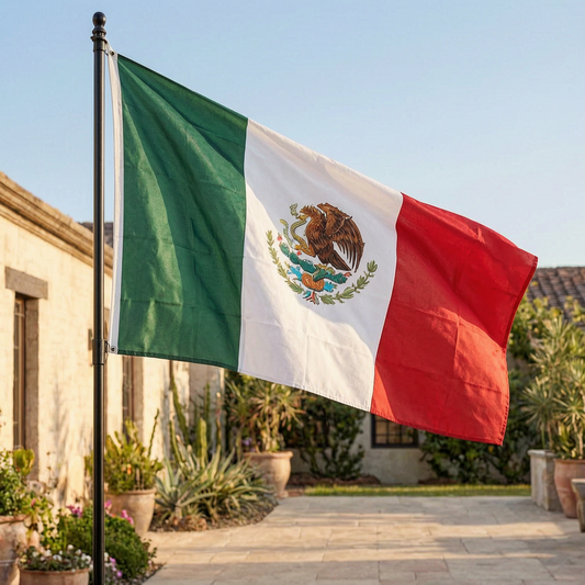 Bandera de México en un patio soleado