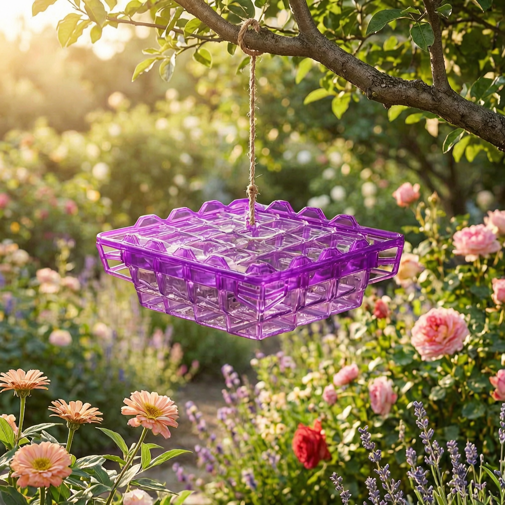 Bebedero para colibríes colgado en un jardín