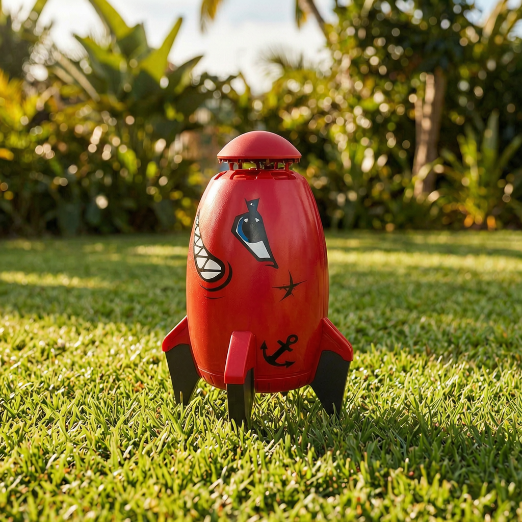 Aspersor con forma de cohete en un jardín soleado