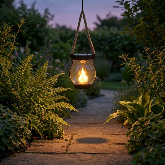 Farol solar encendido en un sendero de jardín al atardecer