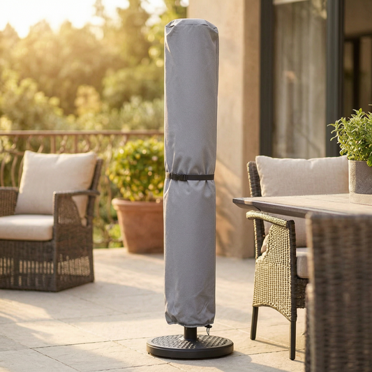 Funda para parasol en una terraza soleada