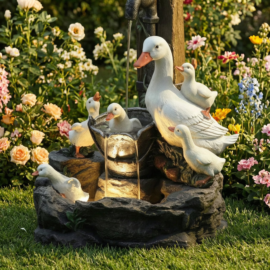 Fuente solar con baño para pájaros en un jardín