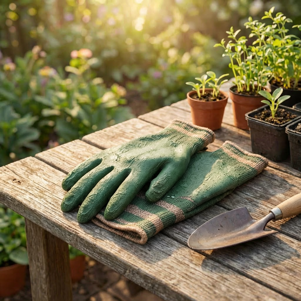 Guantes de jardinería en un banco de trabajo del jardín