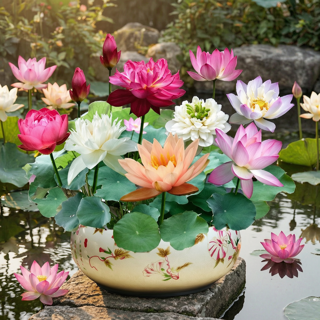 Semillas de loto junto a un estanque con flores