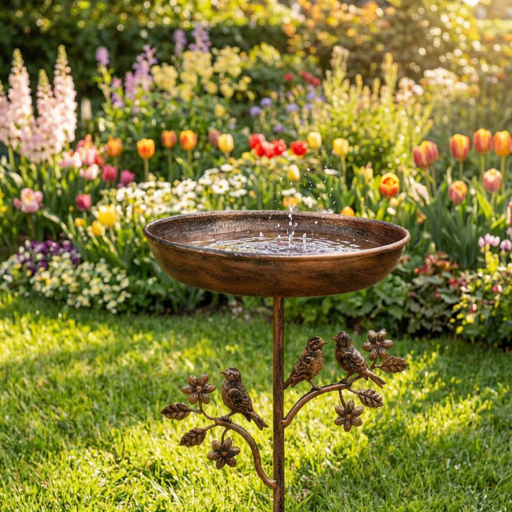 Baño para pájaros de metal en un jardín con flores