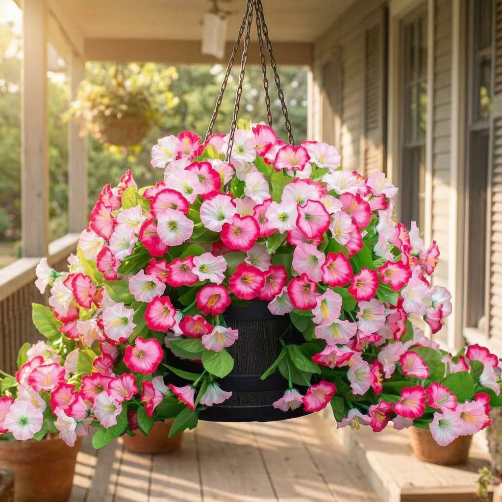 Cesta colgante de flores en el porche de una casa