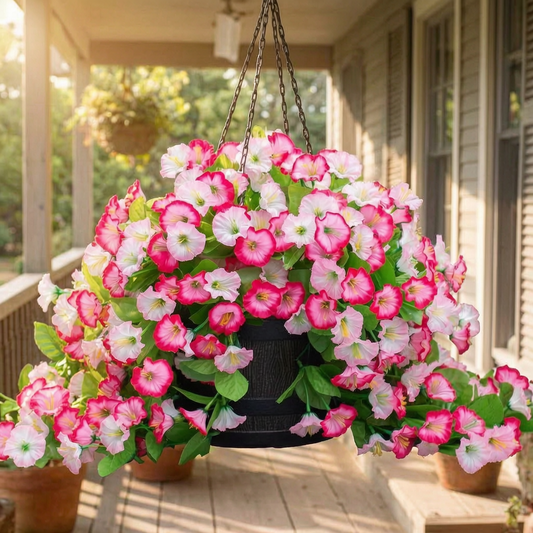 Cesta colgante de flores en el porche de una casa