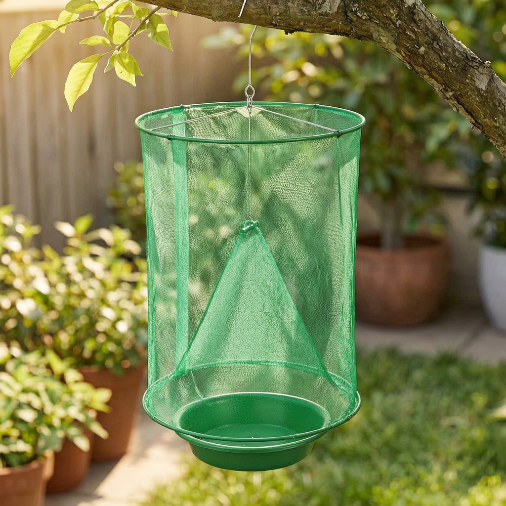 Trampa colgante para moscas en un jardín