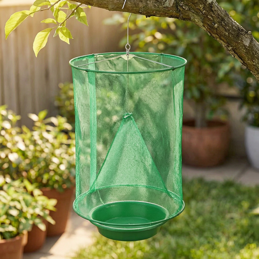 Trampa colgante para moscas en un jardín