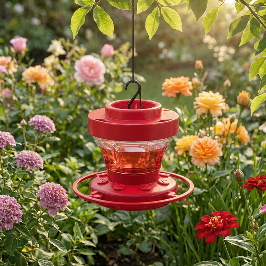 Bebedero para colibríes en un jardín con flores