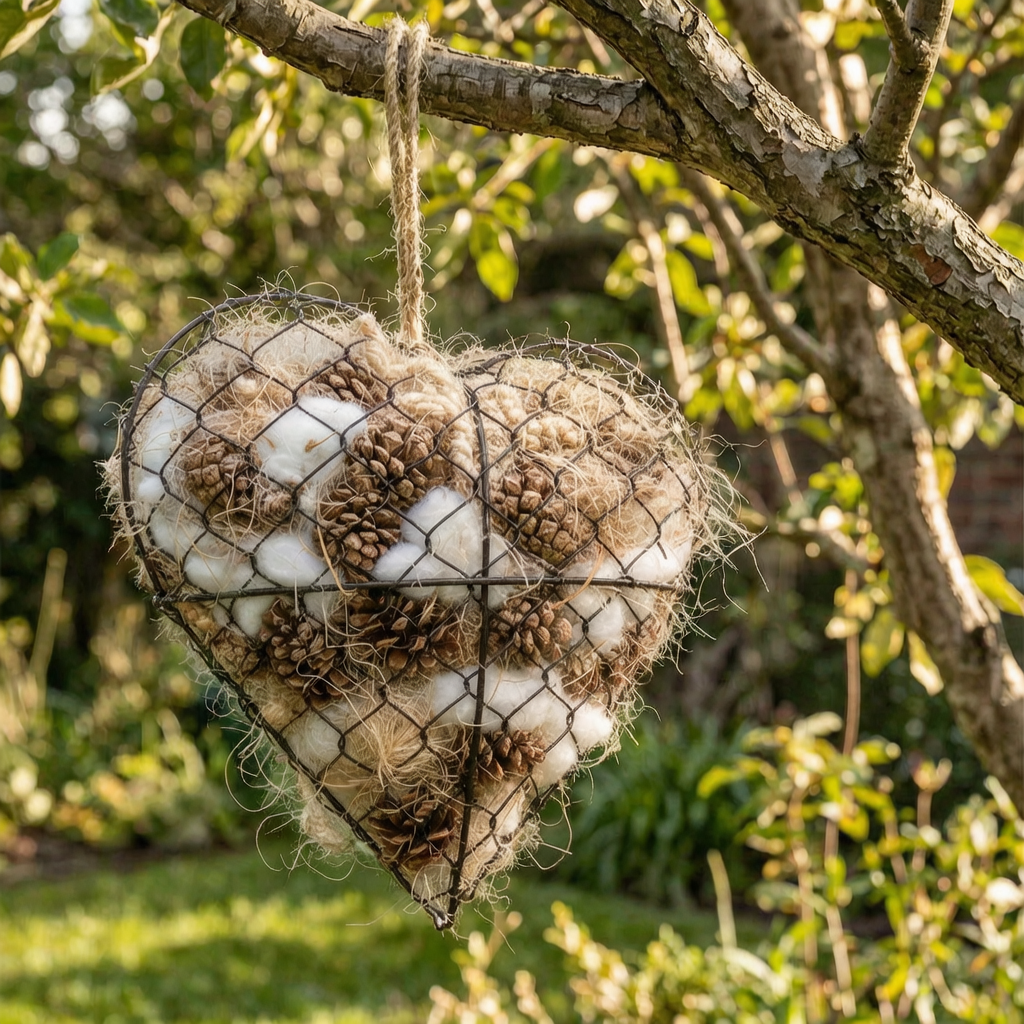 Material para nidos en forma de corazón colgado en un jardín