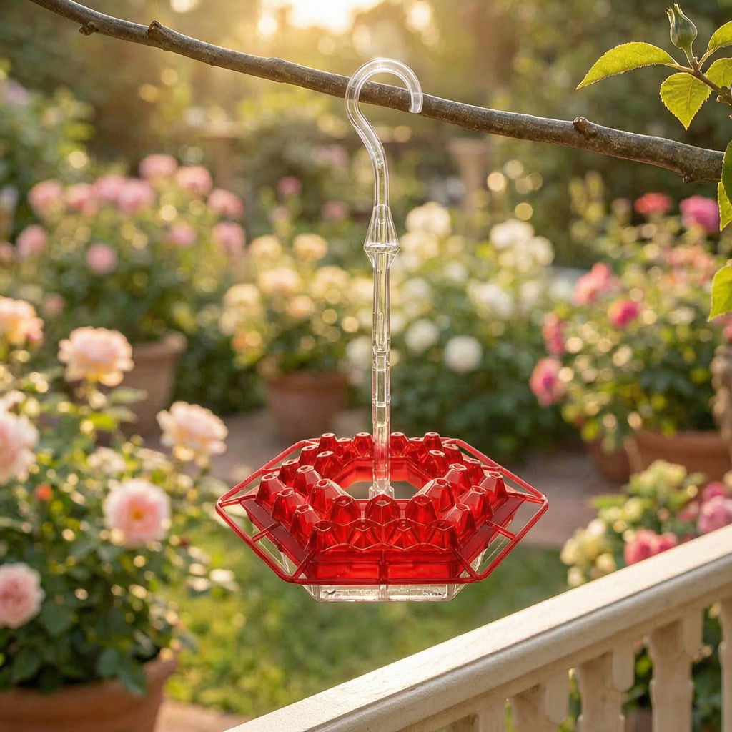 Bebedero para colibríes con protector en una terraza