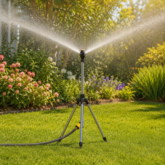Trípode para aspersor regando un jardín