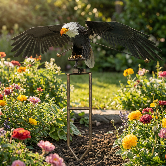 Pájaro decorativo de alas batientes en un jardín