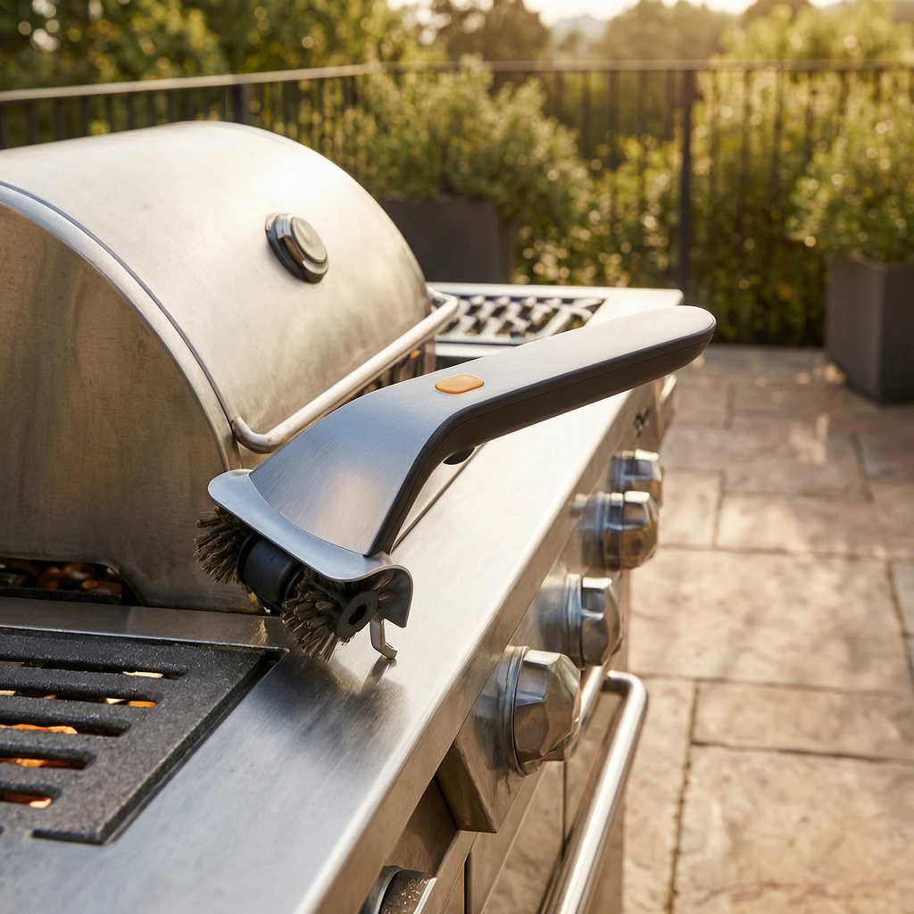 Cepillo eléctrico para parrillas junto a una barbacoa