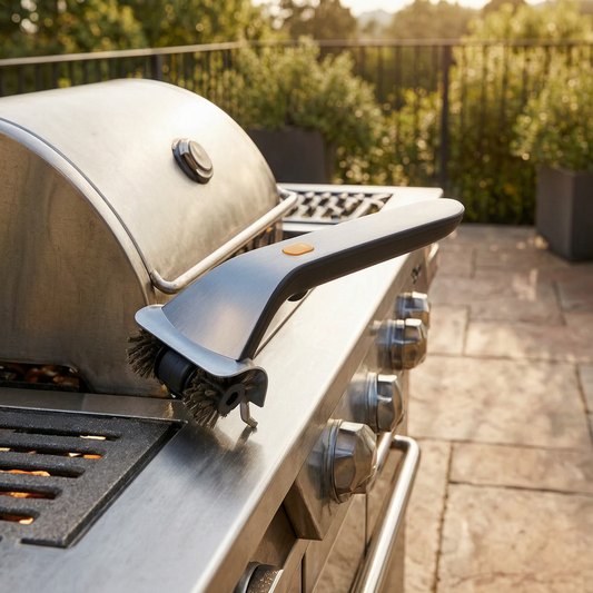 Cepillo eléctrico para parrillas junto a una barbacoa