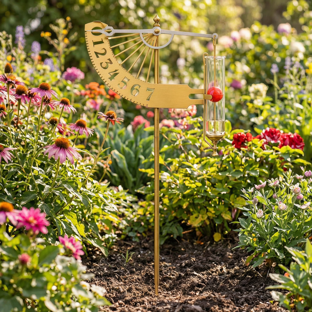 Pluviómetro decorativo en un parterre de flores