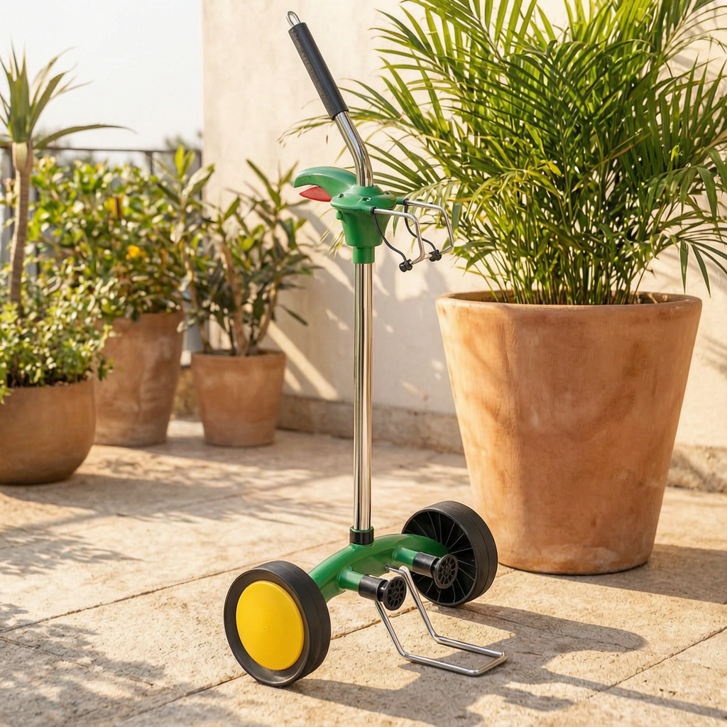 Base rodante bajo una maceta grande en una terraza