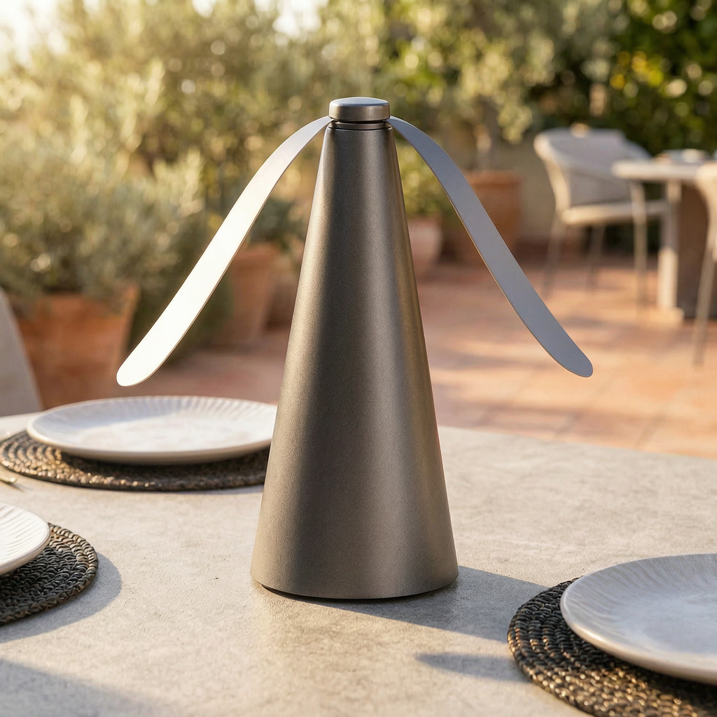 Ventilador repelente de insectos en una mesa de terraza