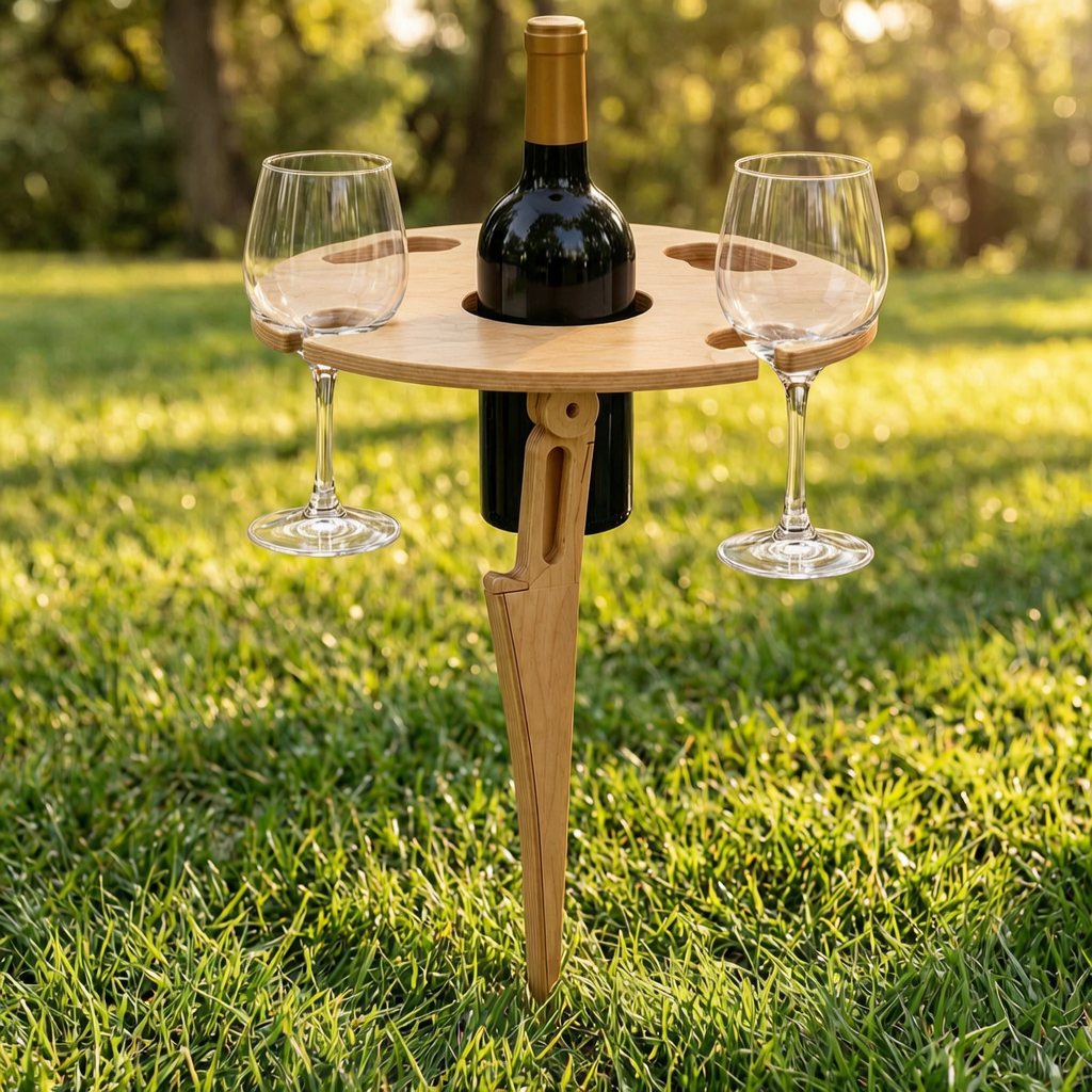 Mesa plegable de madera para vino en un picnic