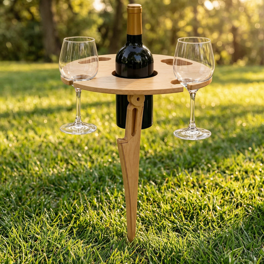 Mesa plegable de madera para vino en un picnic