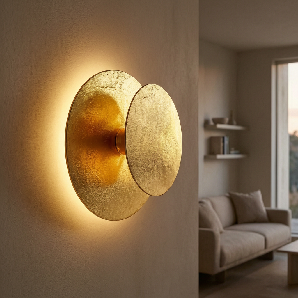 Lámpara de pared Lunaris encendida en un salón cálido y elegante