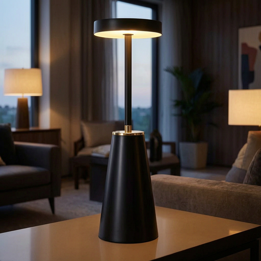 Lámpara elegante encendida en un salón cálido y elegante
