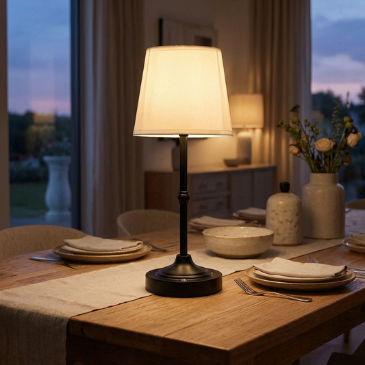 Lámpara de mesa inalámbrica encendida sobre una mesa de comedor