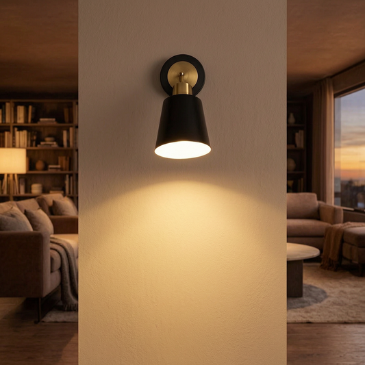 Lámpara de pared de metal encendida en un salón cálido y elegante
