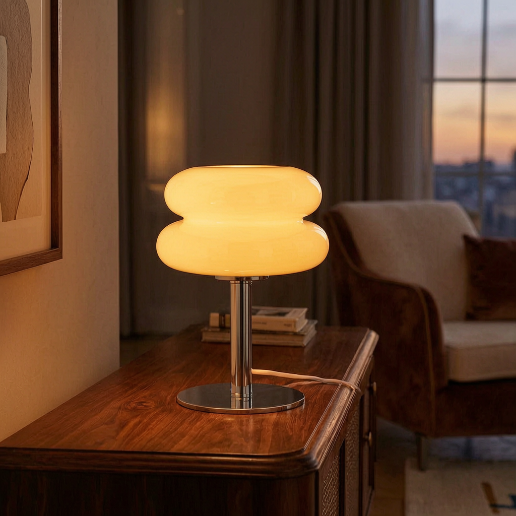 Lámpara de mesa de vidrio de diseño italiano encendida sobre un aparador
