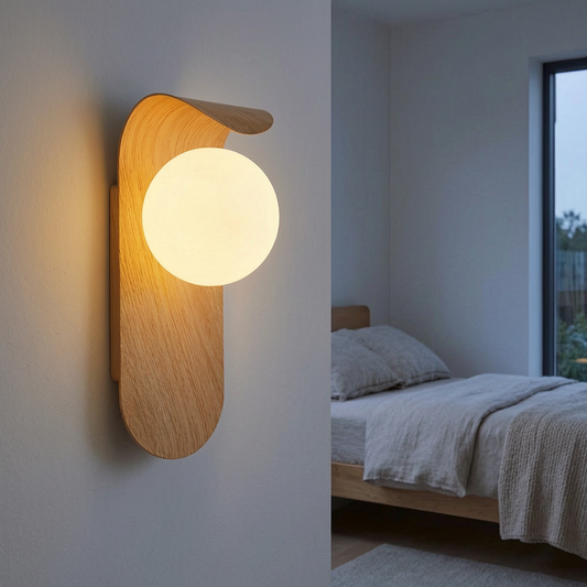 Lámpara de pared LED escandinava encendida en un dormitorio