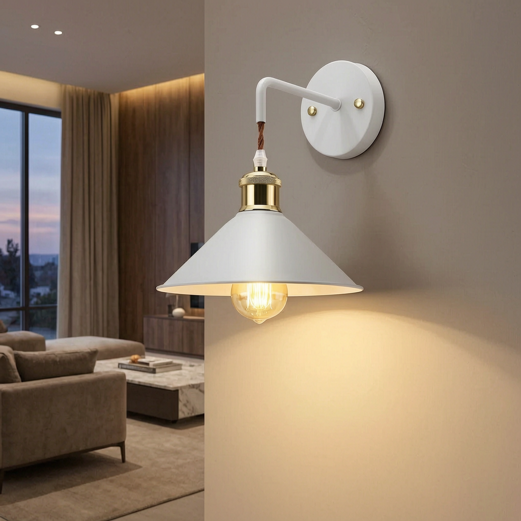 Aplique de pared de metal encendido en un salón cálido y elegante