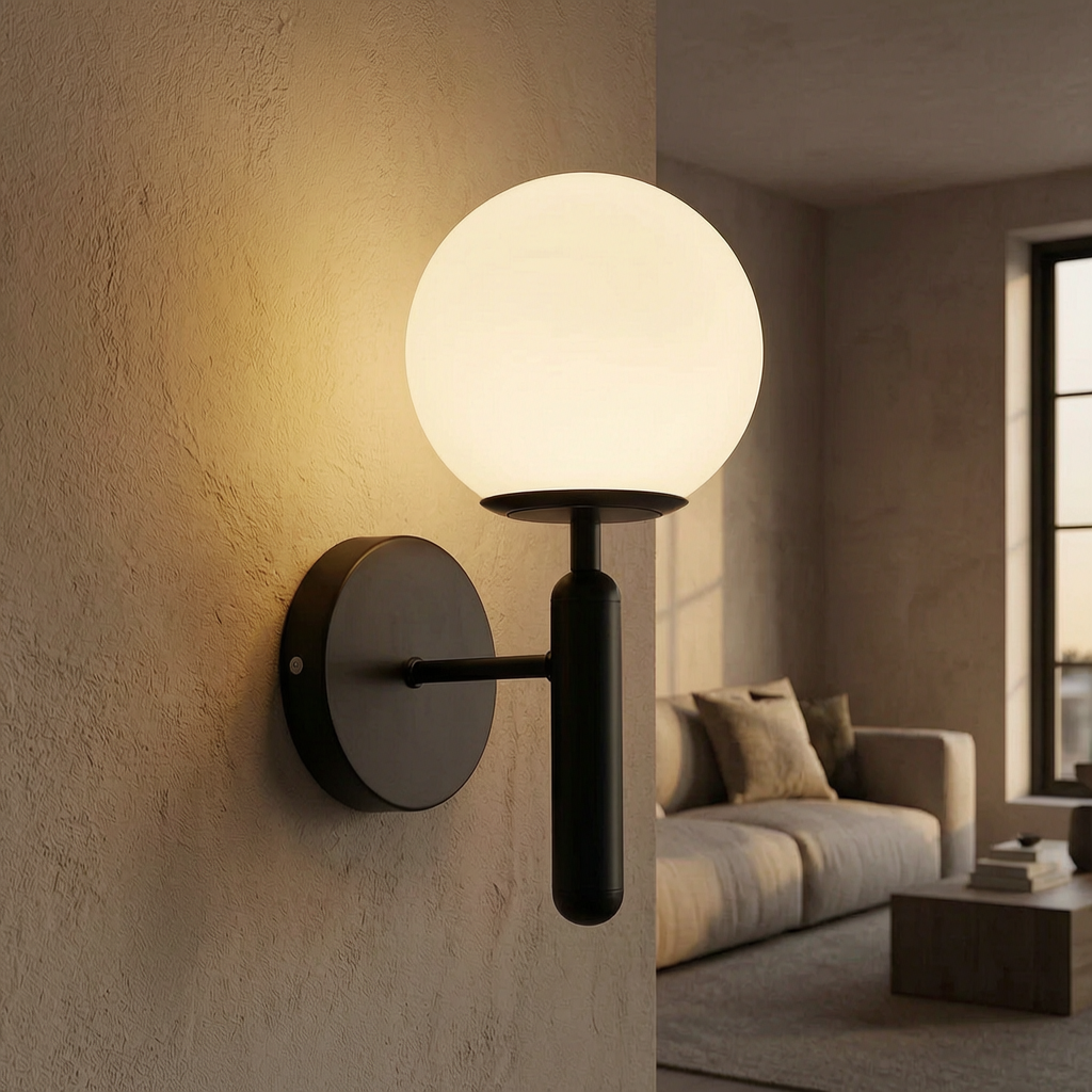 Aplique de pared con globo de vidrio encendido en un salón cálido y elegante