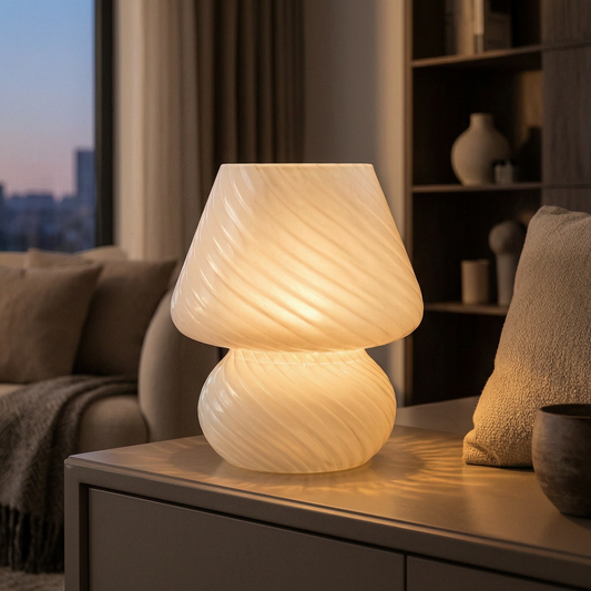 Lámpara de mesa de vidrio estilo Murano encendida sobre un aparador