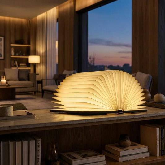 Lámpara Lumibook encendida en una estantería de un salón elegante