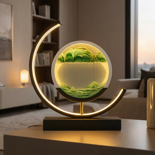 Lámpara Sandlight encendida en un salón cálido y elegante