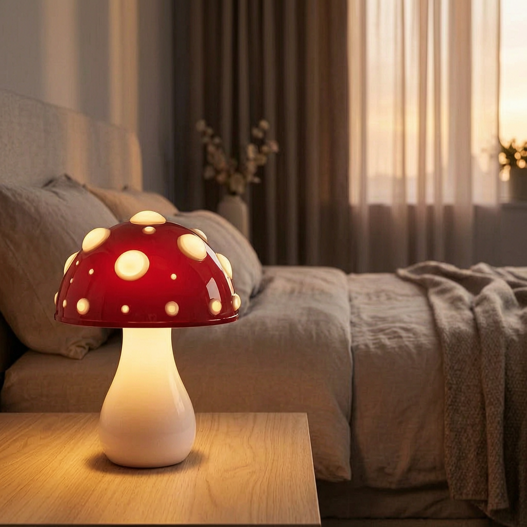 Lámpara LED con forma de hongo encendida en una mesita de noche