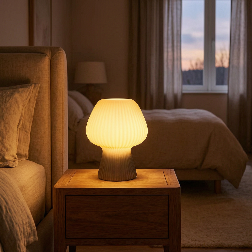 Lámpara de mesa vintage encendida en un dormitorio acogedor