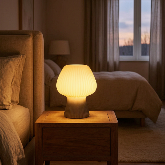 Lámpara de mesa vintage encendida en un dormitorio acogedor