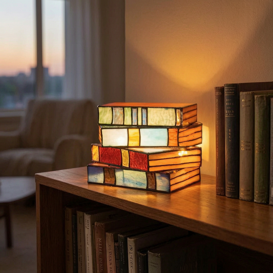 Lámpara de libro con vidrieras encendida en una estantería