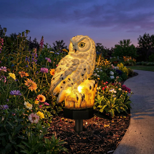 Luz solar con forma de búho encendida en un jardín al atardecer