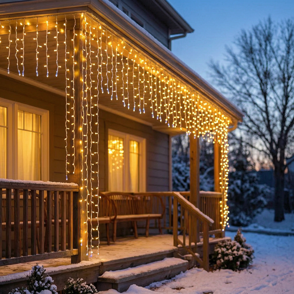 Cortina de luces LED encendida en el porche de una casa