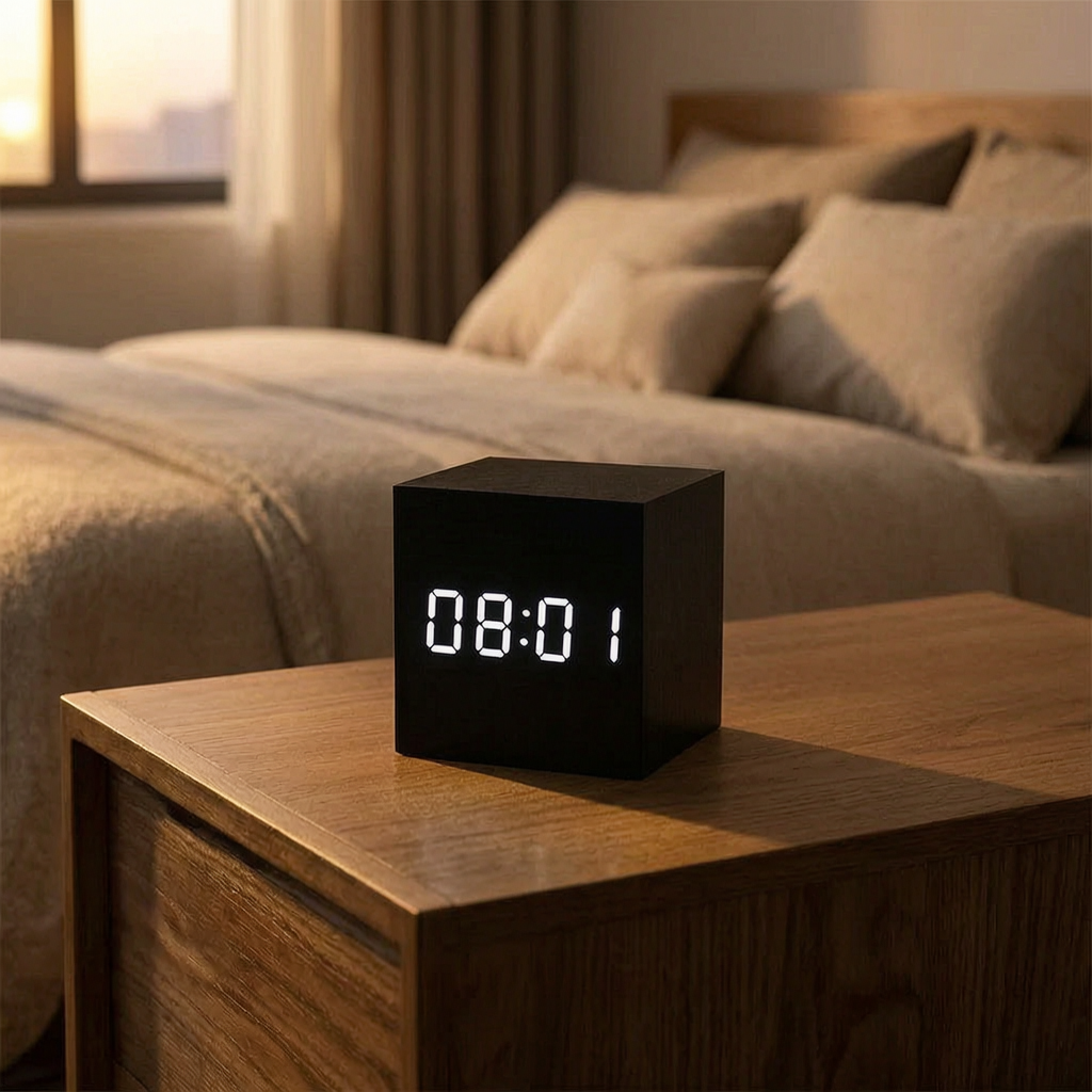 Despertador digital LED en una mesita de noche