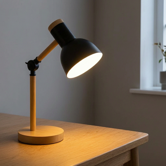 Lámpara de escritorio de madera nórdica encendida sobre un escritorio