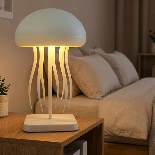 Lámpara LED medusa encendida en una mesita de noche