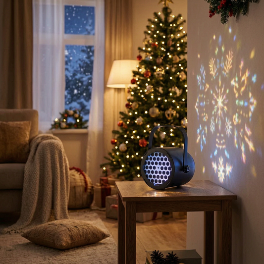Proyector de luz navideño encendido en un salón decorado