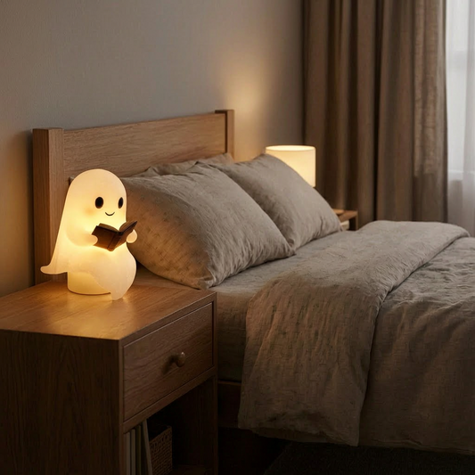 Lámpara fantasma encendida en una mesita de noche