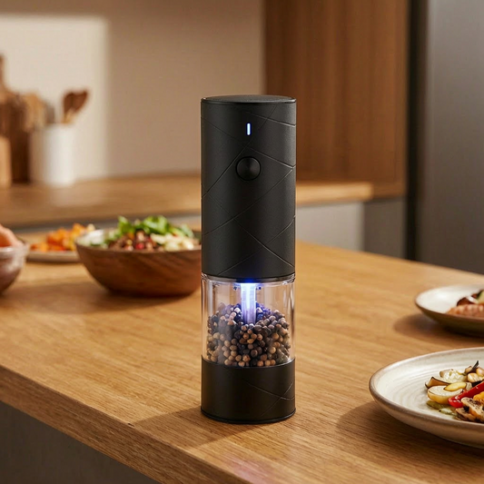 Molinillo eléctrico de sal y pimienta con luz en una cocina