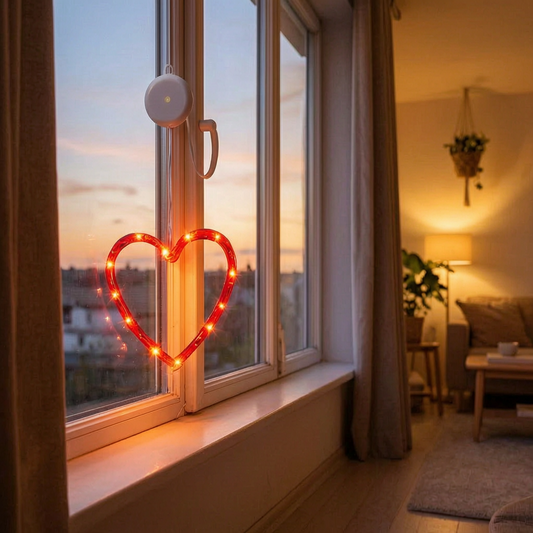 Luces LED de corazón encendidas en una ventana